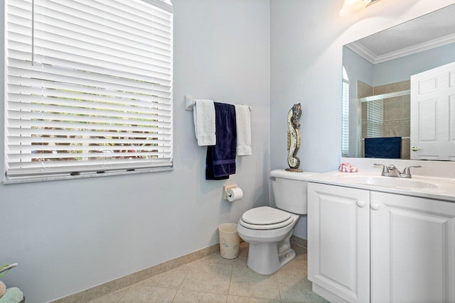 bathroom with crown molding, walk in shower, vanity, tile patterned flooring, and toilet