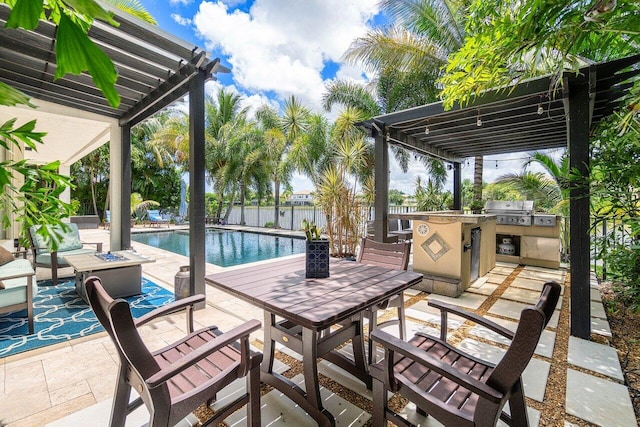 view of patio featuring a grill, area for grilling, a pergola, and a fenced in pool