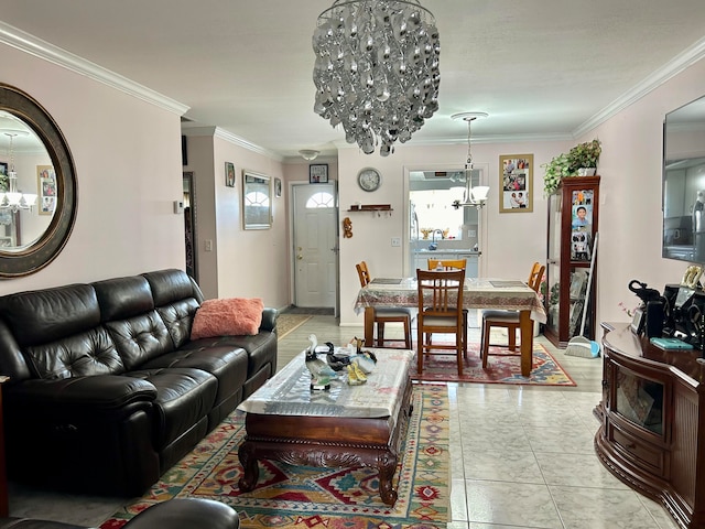 tiled living room with sink, a chandelier, and ornamental molding