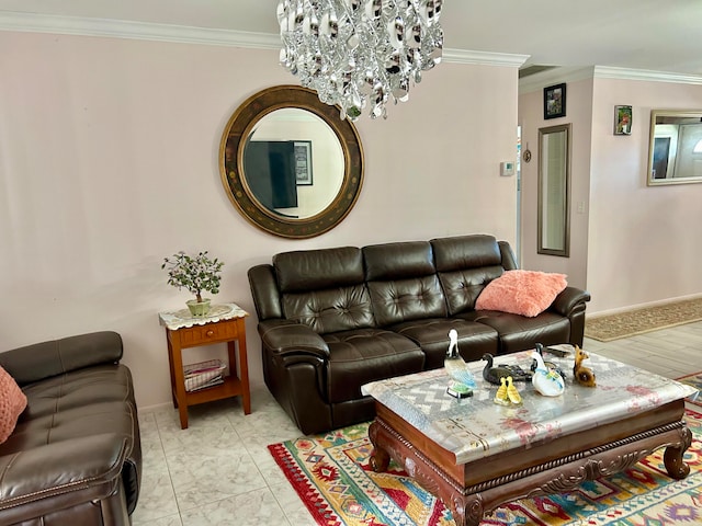 tiled living room featuring a notable chandelier and ornamental molding