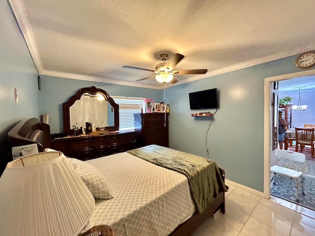 tiled bedroom featuring crown molding, a textured ceiling, and ceiling fan