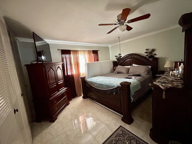 tiled bedroom with ornamental molding and ceiling fan