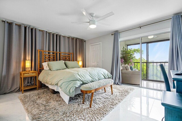 bedroom featuring ceiling fan, a closet, and access to exterior