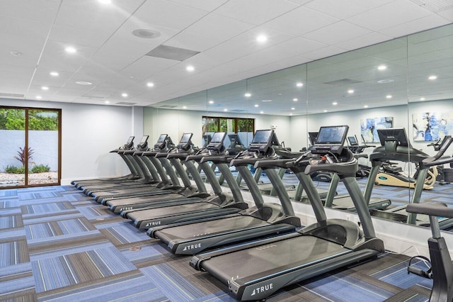 gym featuring a paneled ceiling and carpet