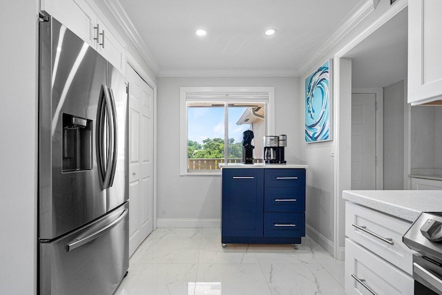 kitchen featuring ornamental molding, white cabinetry, stainless steel appliances, and blue cabinetry