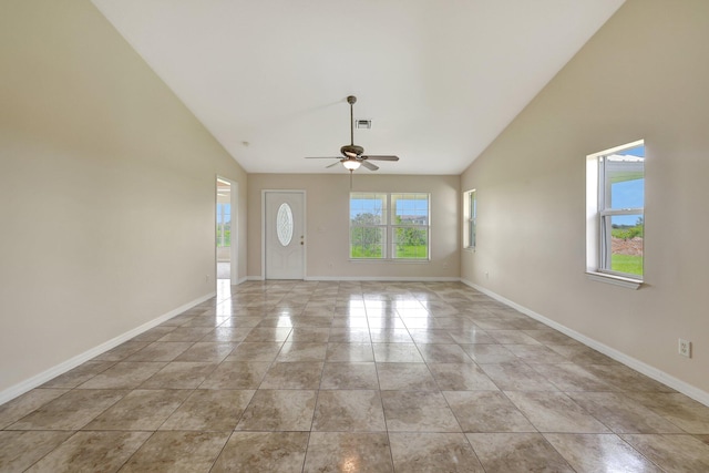 interior space with high vaulted ceiling and ceiling fan