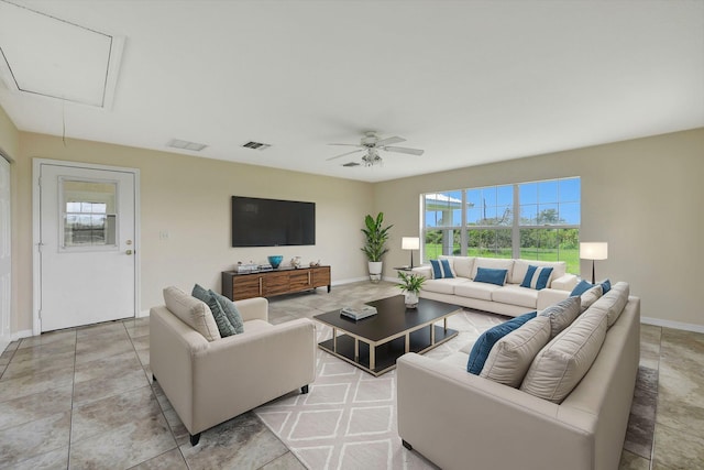 living room featuring ceiling fan