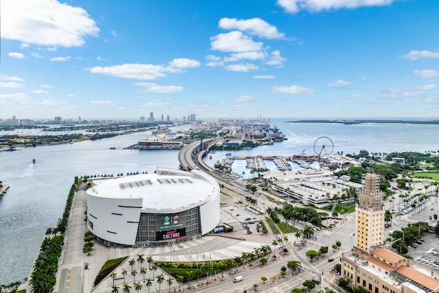 aerial view featuring a water view