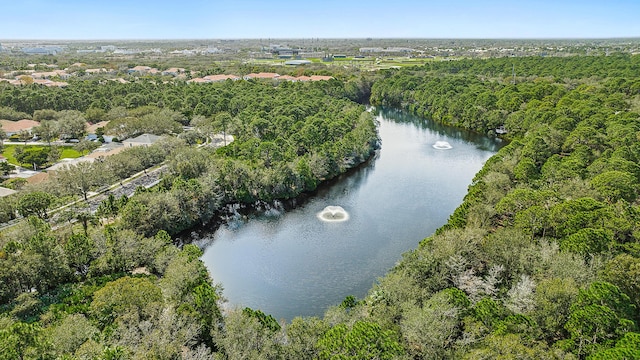 aerial view with a water view and a wooded view