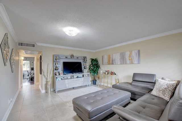 living room featuring crown molding, light tile patterned floors, and a textured ceiling