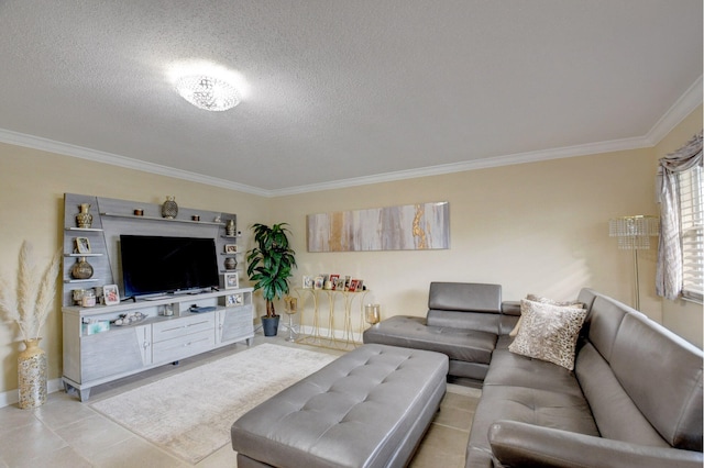 tiled living room with crown molding and a textured ceiling