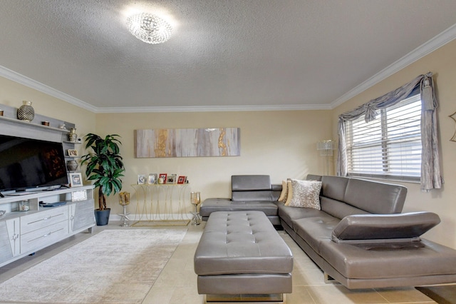 tiled living room with a textured ceiling and ornamental molding