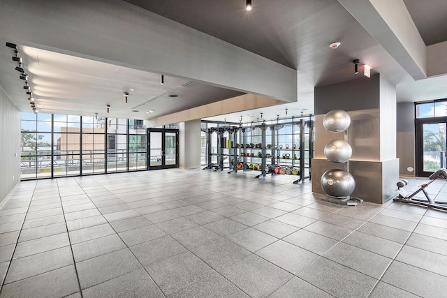 workout area with track lighting and expansive windows