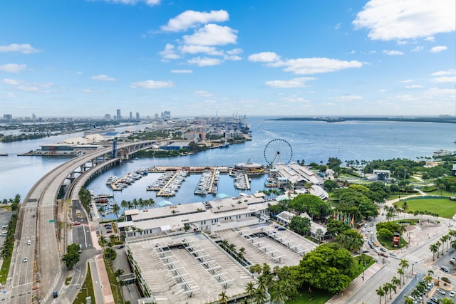 drone / aerial view with a water view