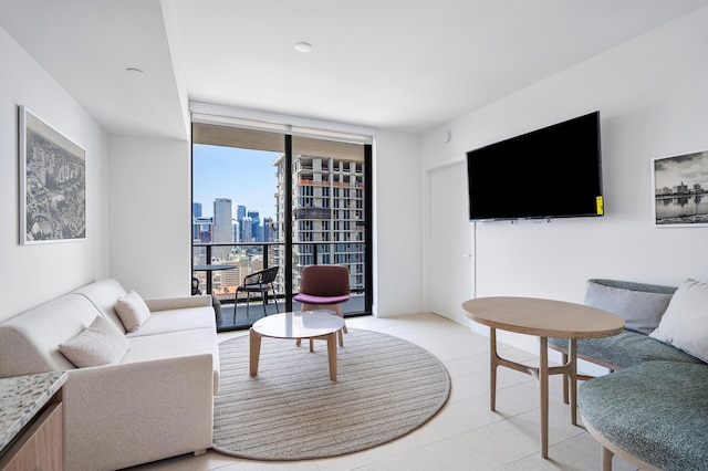 living room with a wall of windows