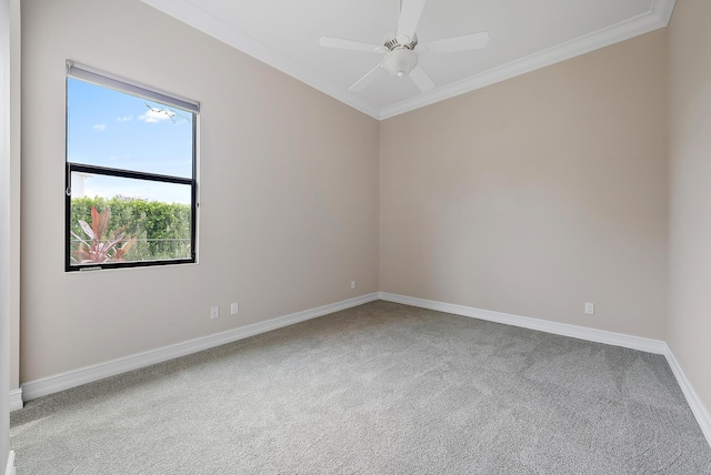 empty room with carpet floors, ceiling fan, and ornamental molding