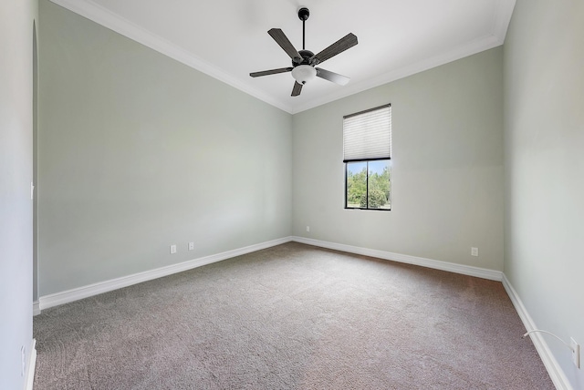 carpeted spare room featuring ceiling fan and crown molding