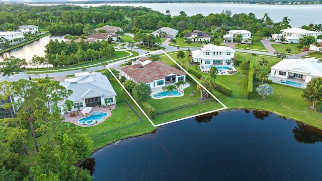 drone / aerial view featuring a water view