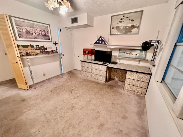 office featuring a textured ceiling and light colored carpet