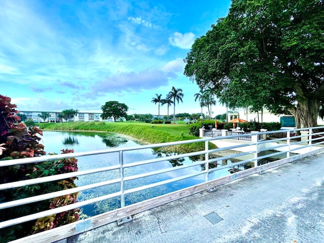 exterior space with a water view