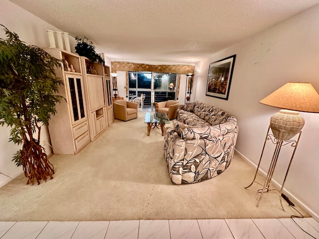 living room featuring a textured ceiling and light colored carpet