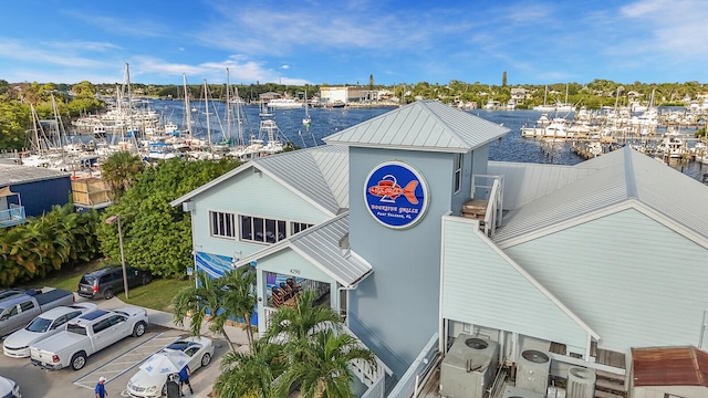 drone / aerial view with a water view