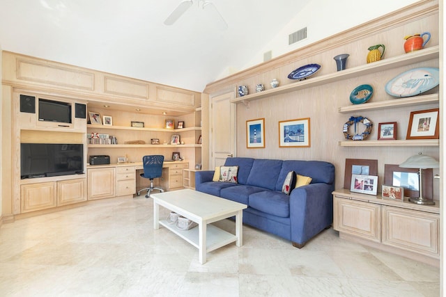 living room with ceiling fan, built in features, high vaulted ceiling, and built in desk