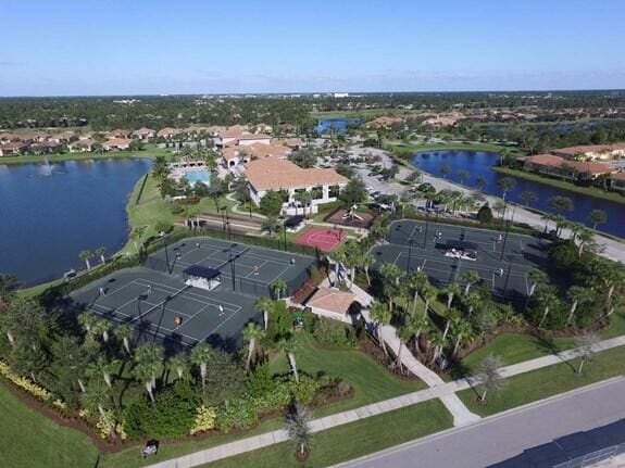 bird's eye view with a water view