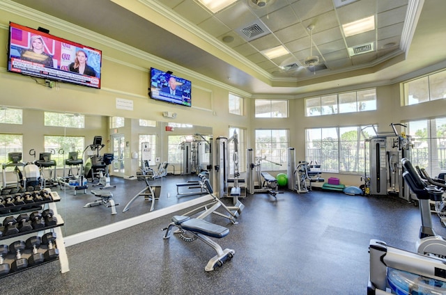 gym featuring a towering ceiling and a tray ceiling