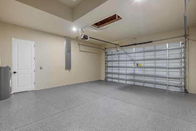 garage with water heater, a garage door opener, and electric panel