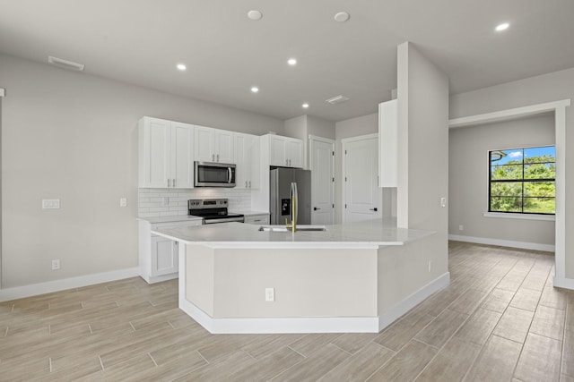 kitchen with stainless steel appliances, backsplash, sink, white cabinets, and kitchen peninsula