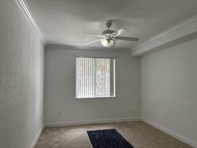 carpeted spare room with ceiling fan, crown molding, and a textured ceiling