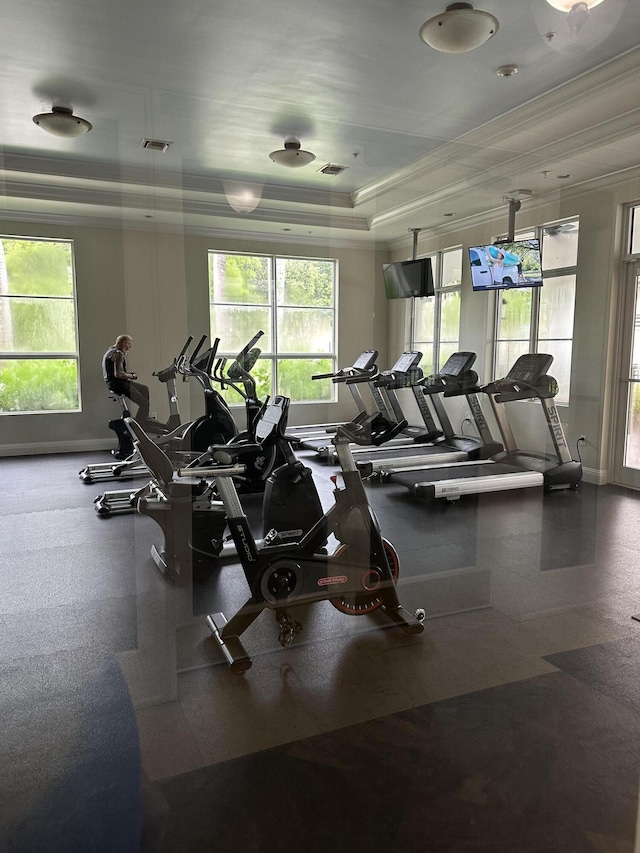 workout area featuring ornamental molding