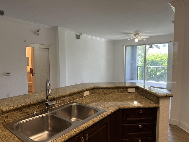 kitchen featuring dark brown cabinetry, crown molding, sink, and stone countertops