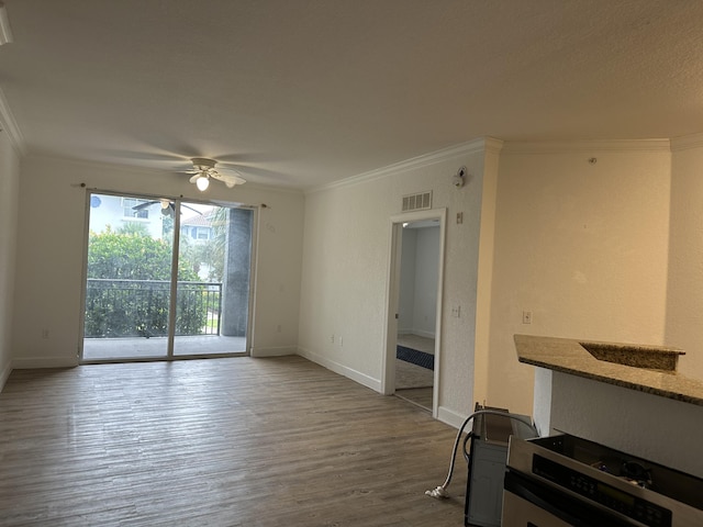 1660 Renaissance Commons Blvd Unit 2218, Boynton Beach, FL 33426 - living area featuring visible vents, ornamental molding, wood finished floors, baseboards, and ceiling fan