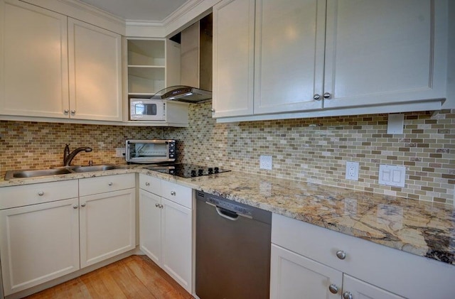 kitchen featuring white cabinets, sink, light hardwood / wood-style flooring, stainless steel dishwasher, and wall chimney exhaust hood