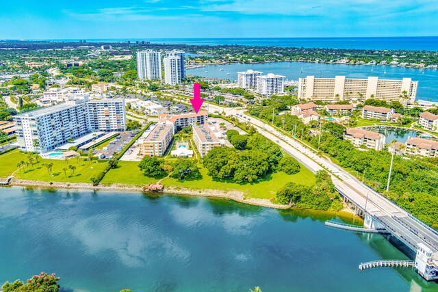 drone / aerial view with a water view