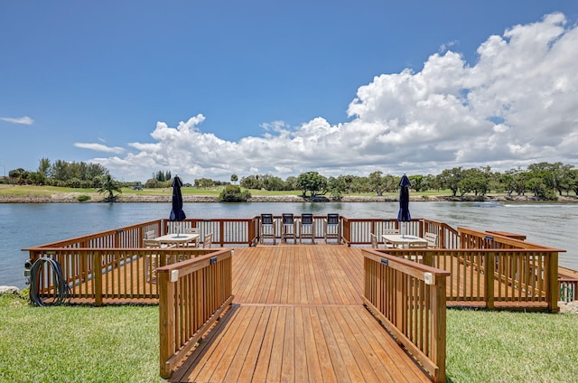 view of dock with a deck with water view