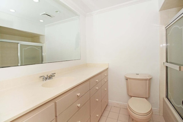 full bathroom featuring enclosed tub / shower combo, tile patterned floors, toilet, vanity, and ornamental molding