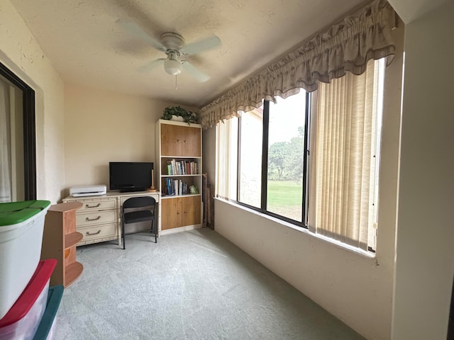 carpeted office space with ceiling fan