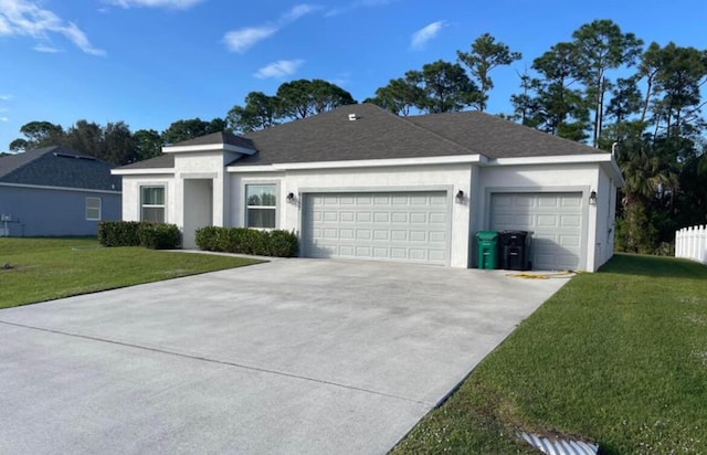 ranch-style house featuring a garage and a front lawn