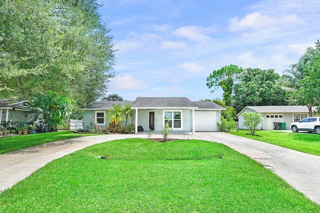 single story home featuring a front lawn and a garage