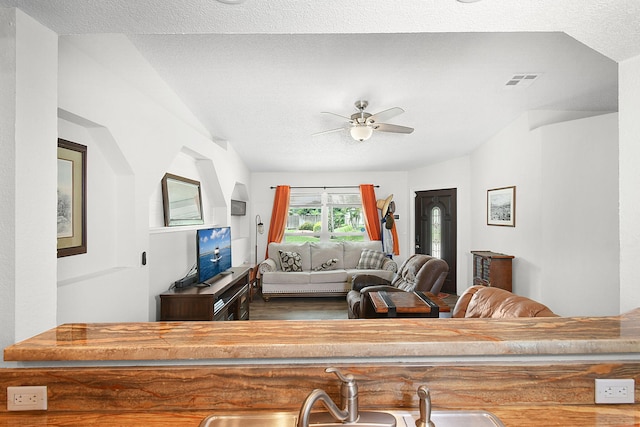 living room with vaulted ceiling, dark hardwood / wood-style flooring, sink, ceiling fan, and a textured ceiling