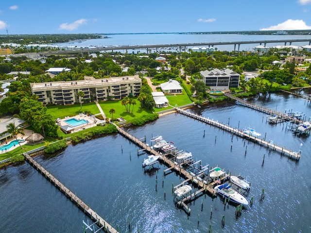 drone / aerial view featuring a water view