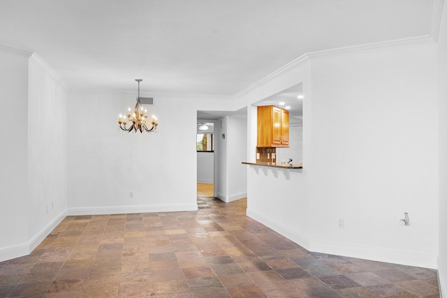 unfurnished room featuring a notable chandelier and crown molding