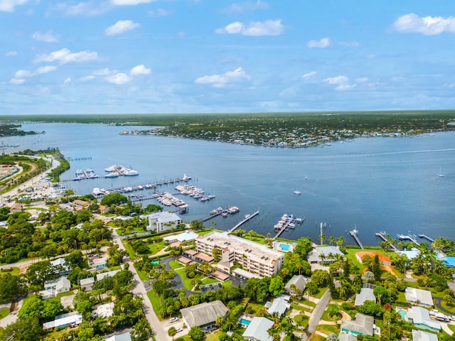 drone / aerial view featuring a water view