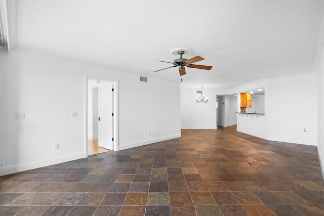 unfurnished living room with ceiling fan with notable chandelier and crown molding