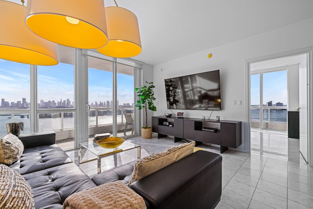 living room featuring light tile patterned flooring