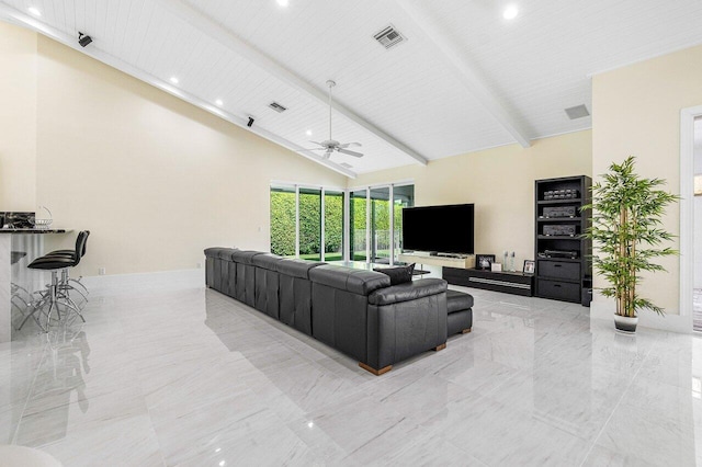 living room with ceiling fan, beam ceiling, high vaulted ceiling, and wooden ceiling