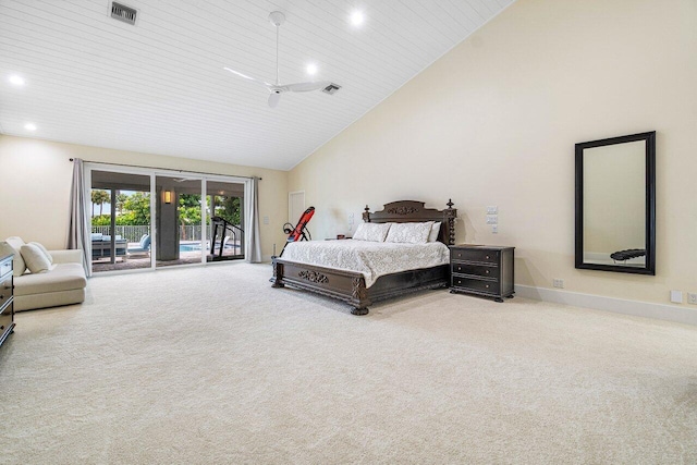 carpeted bedroom with wooden ceiling, access to outside, and high vaulted ceiling